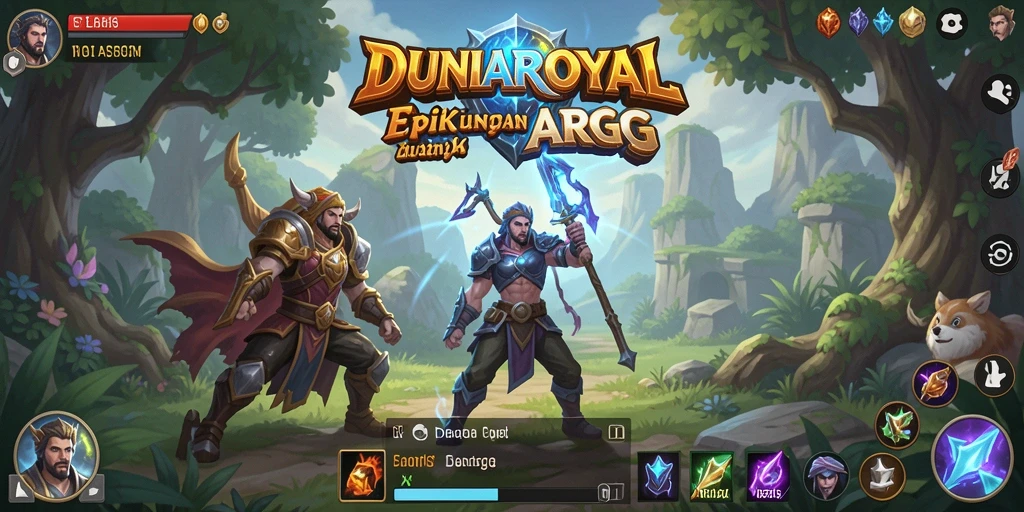 Screenshot gameplay DUNIAROYAL menampilkan pertarungan epik di dunia fantastis.