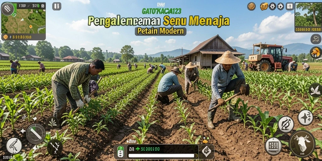 Tampilan gameplay GATOTKACA123 dengan ladang yang subur dan tanaman beragam.