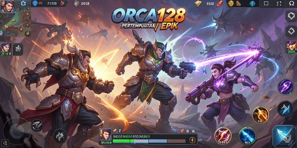 Screenshot menunjukkan aksi intens dalam pertempuran MOBA ORCA128.