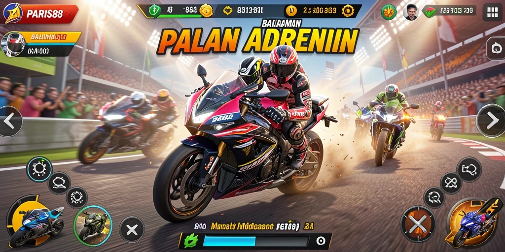 Tampilan gameplay seru dalam PARIS88 dengan balapan motor cepat.